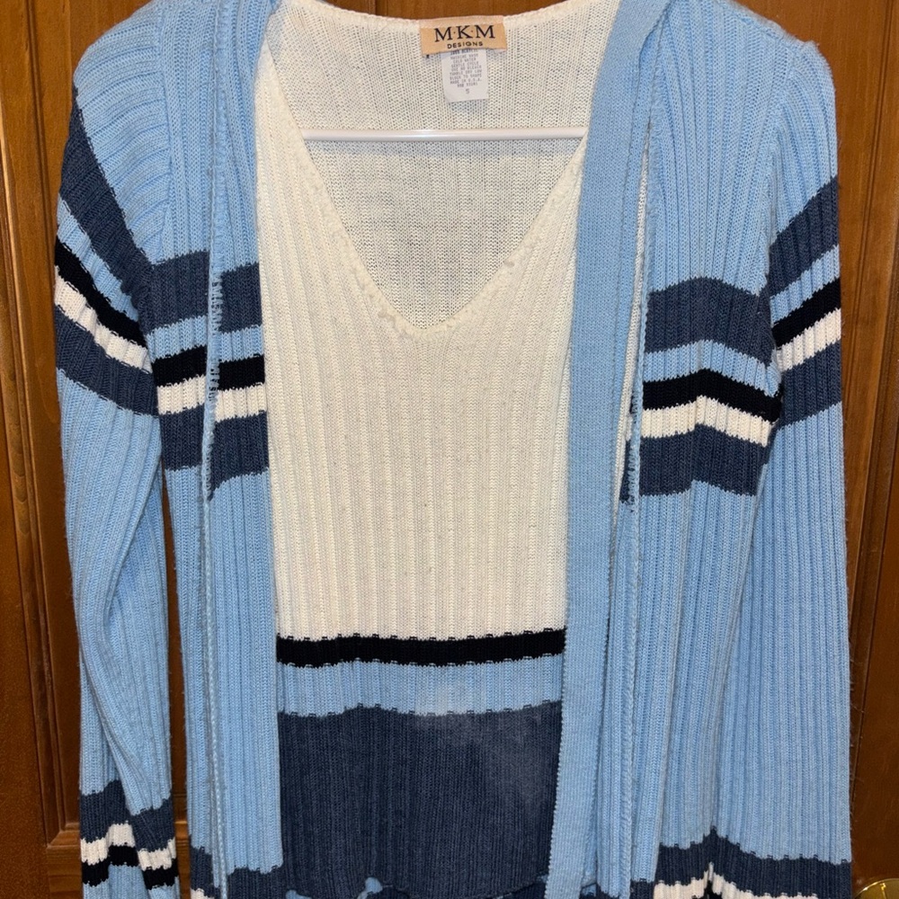 Vintage two piece MKM Y2K Women's Blue and White Striped Sweater set